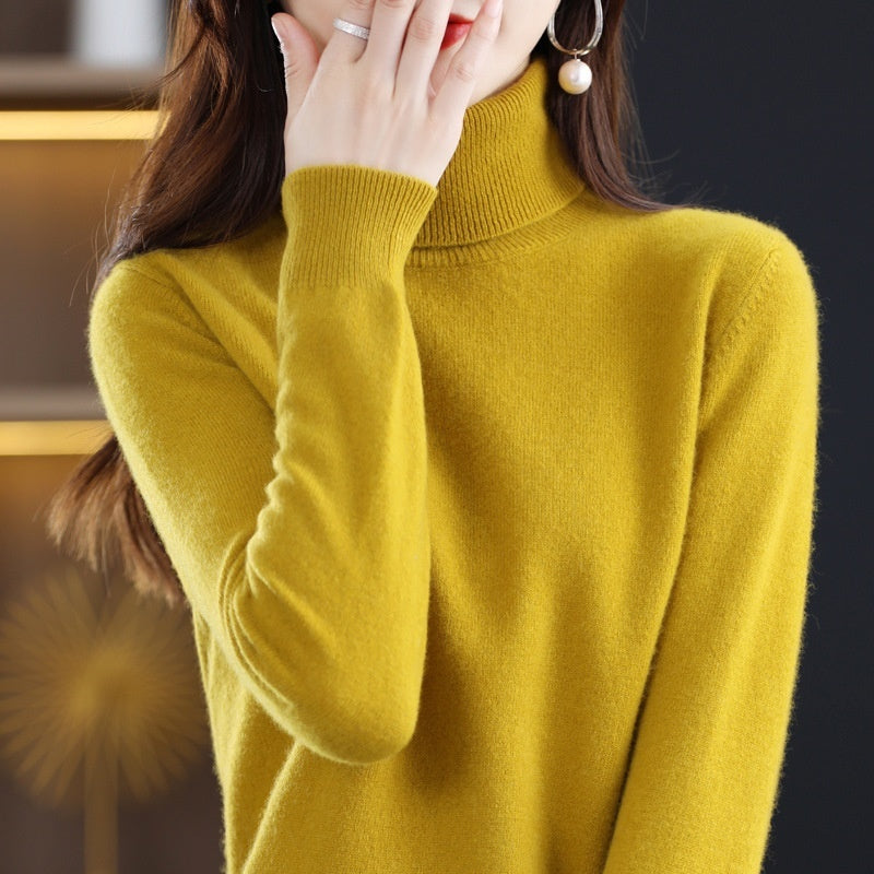 Pure Wool Sweater Women's Turtleneck Pullover Solid Color Loose Short