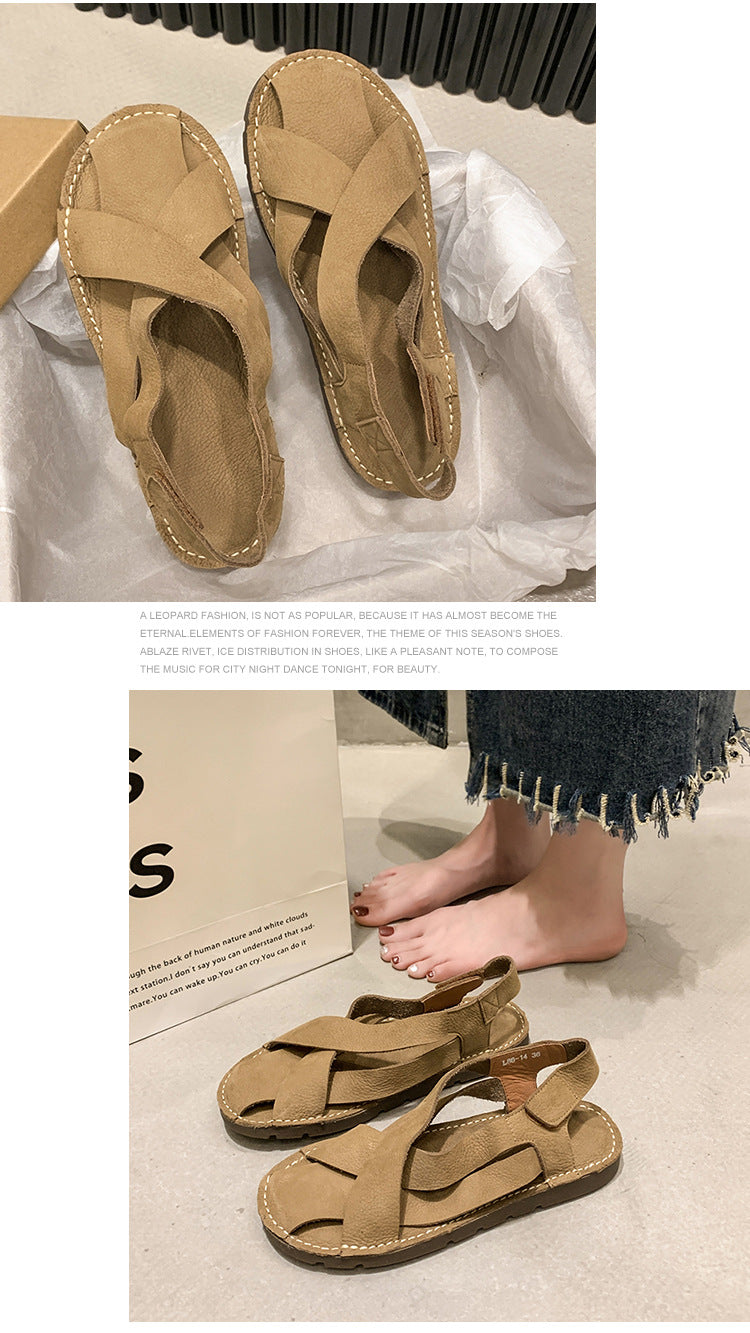 Retro Solid Color Handmade Woven Flat Round Head Leisure Roman Shoes