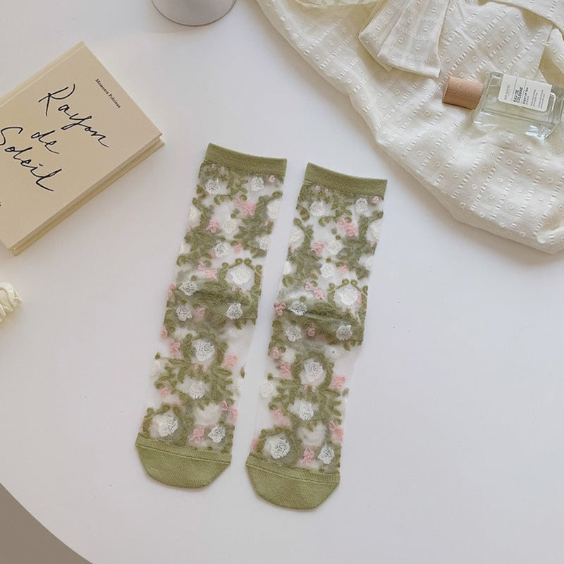 Spring And Summer Ultra-thin Breathable Retro Large Flower Spun Glass Mid-calf Socks Crystal Long Socks