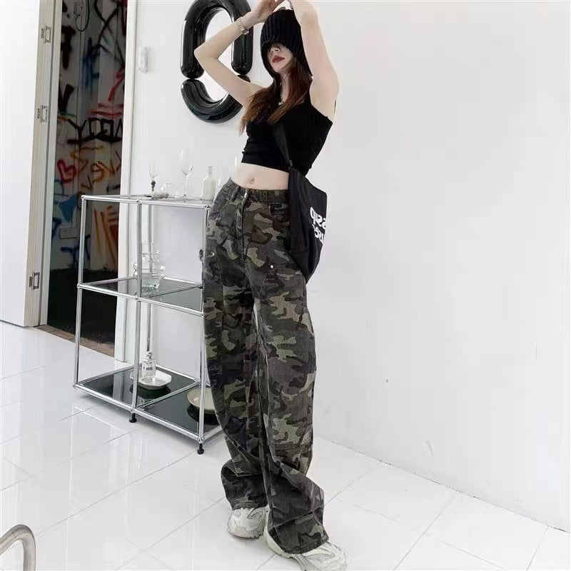 Camouflage-arbejdsjeans til kvinder, lige løs retro hiphop-stil højtaljede ekstra lange bukser med brede ben