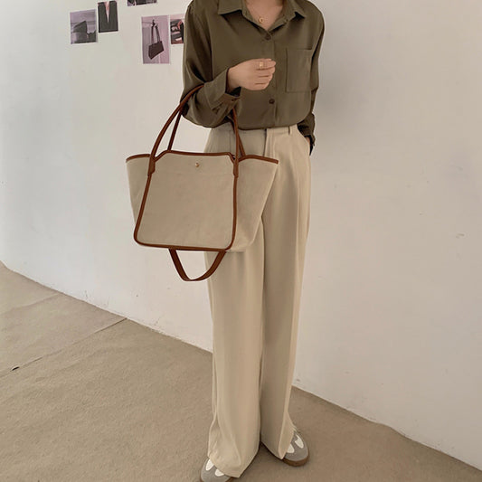 Canvas Leather Patchwork Bag Two Color One Shoulder Messenger Handbag