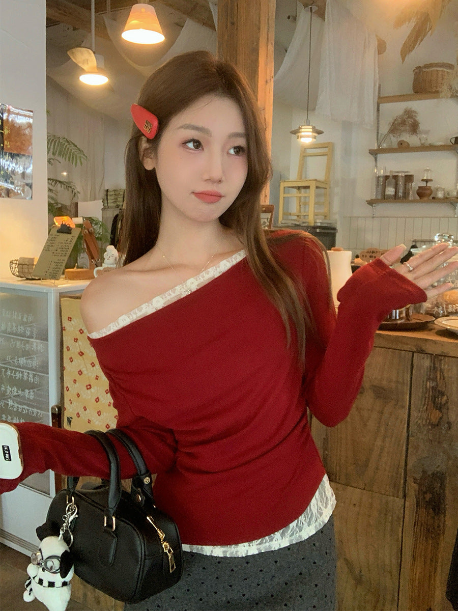 Womens Casual Red Angled Lace-Panel Top