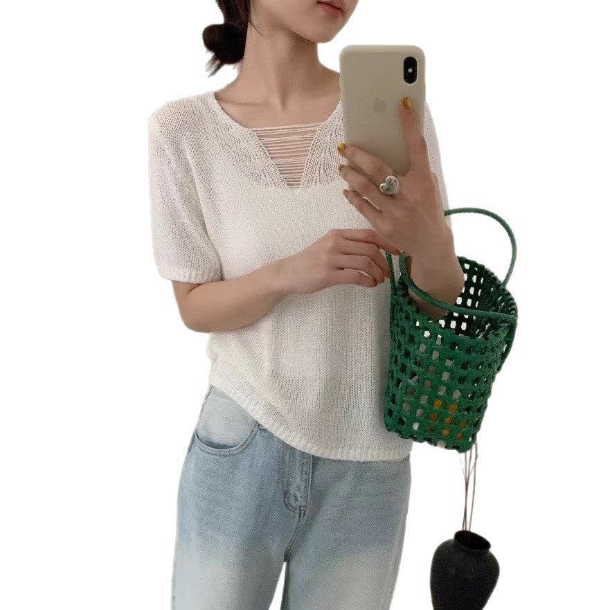 Fashionable Candy Color Gentle Hollow Out V-neck Short Sleeve