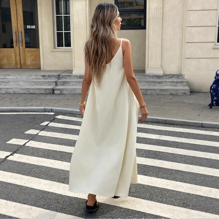 Off-shoulder Backless Solid-color Slip Dress Sexy Maxi Dress