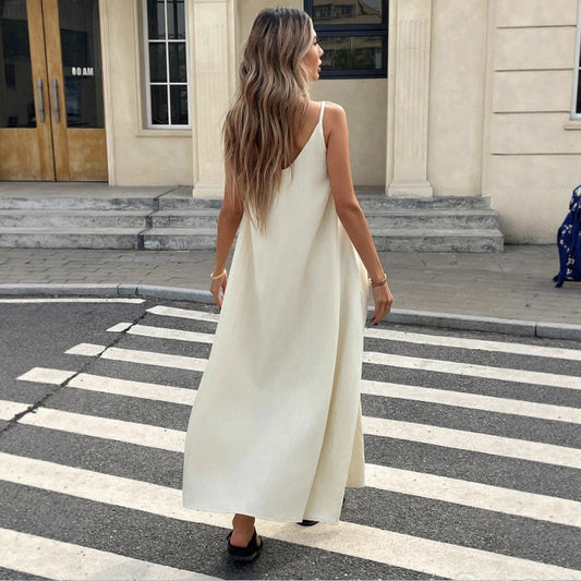 Off-shoulder Backless Solid-color Slip Dress Sexy Maxi Dress
