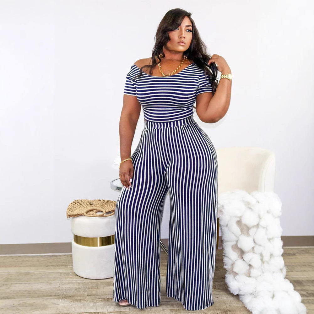 Womens Striped Printed Wide-Neck Short-Sleeve Fashionable Loose Casual Set