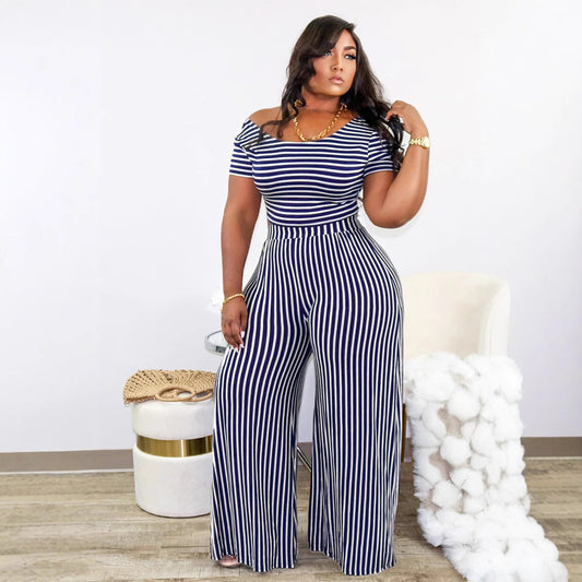 Womens Striped Printed Wide-Neck Short-Sleeve Fashionable Loose Casual Set