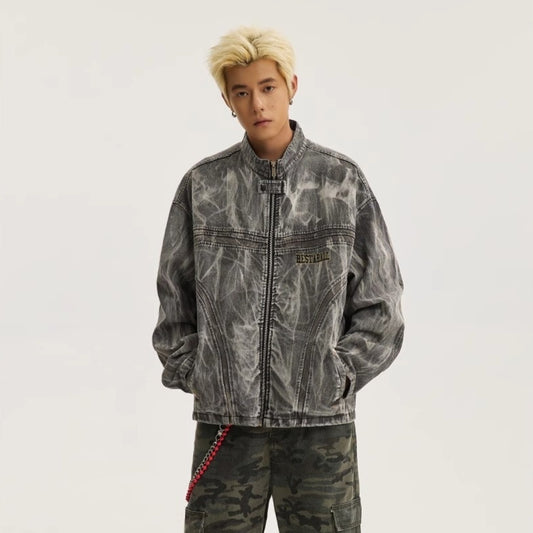 American High Street Distressed Graffiti Patterned Denim Jacket