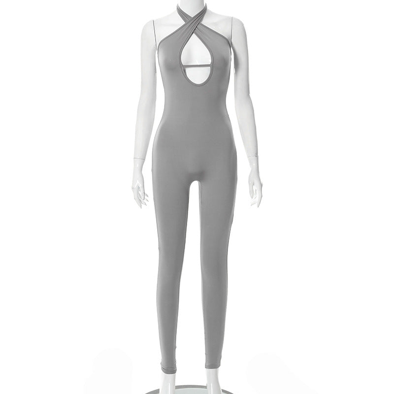 Women's Backless Halterneck Sleeveless Hip Lift Sports Jumpsuit