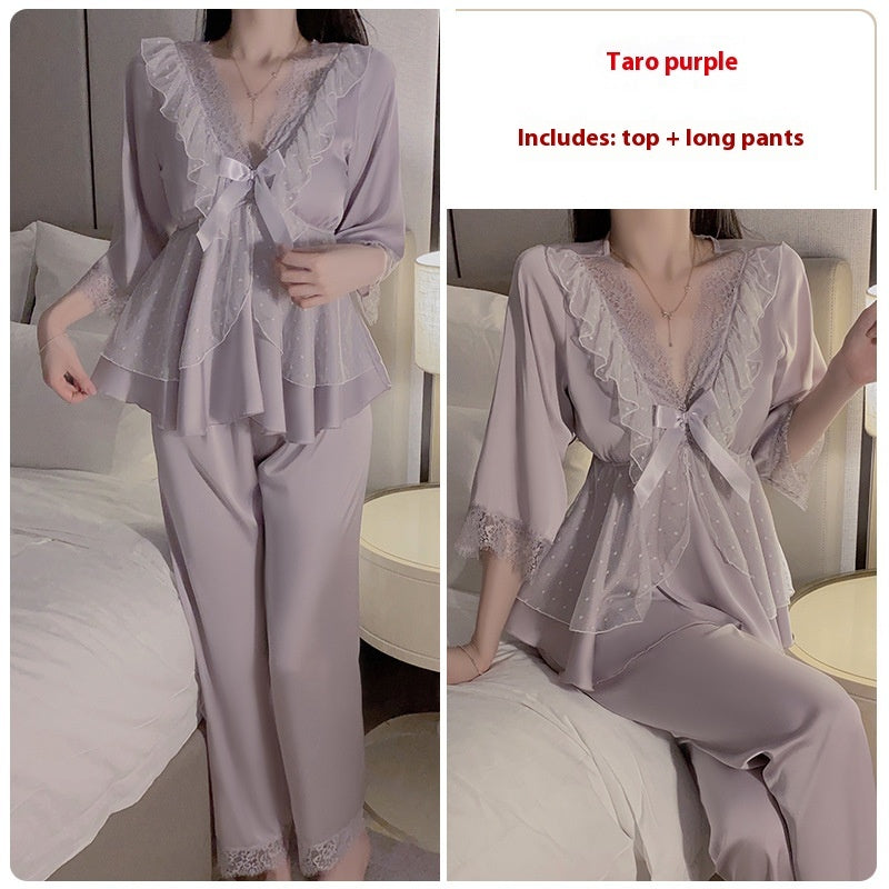 Lace Satin Stitching And Chest Pad Pleated Waist-controlled Top Trousers Two Pieces