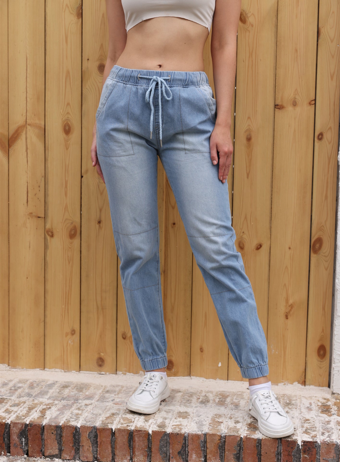Casual Lyseblå Jeans med Elastisk Talje og Bindebånd