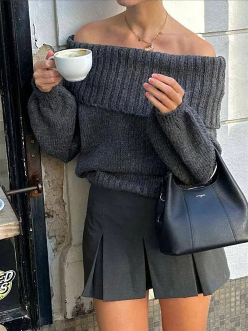 Women's Off-shoulder Simple Pure Color All-matching Lantern Sleeve Knitted Sweater