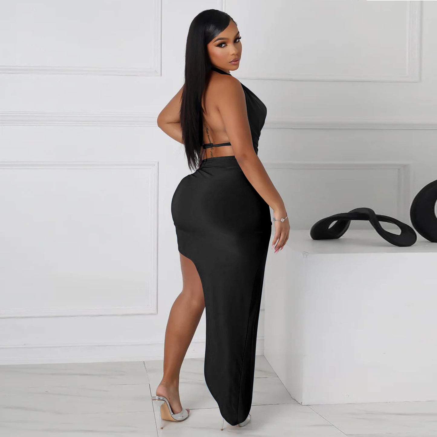 Halterneck Sexy High-Slit Skirt Set