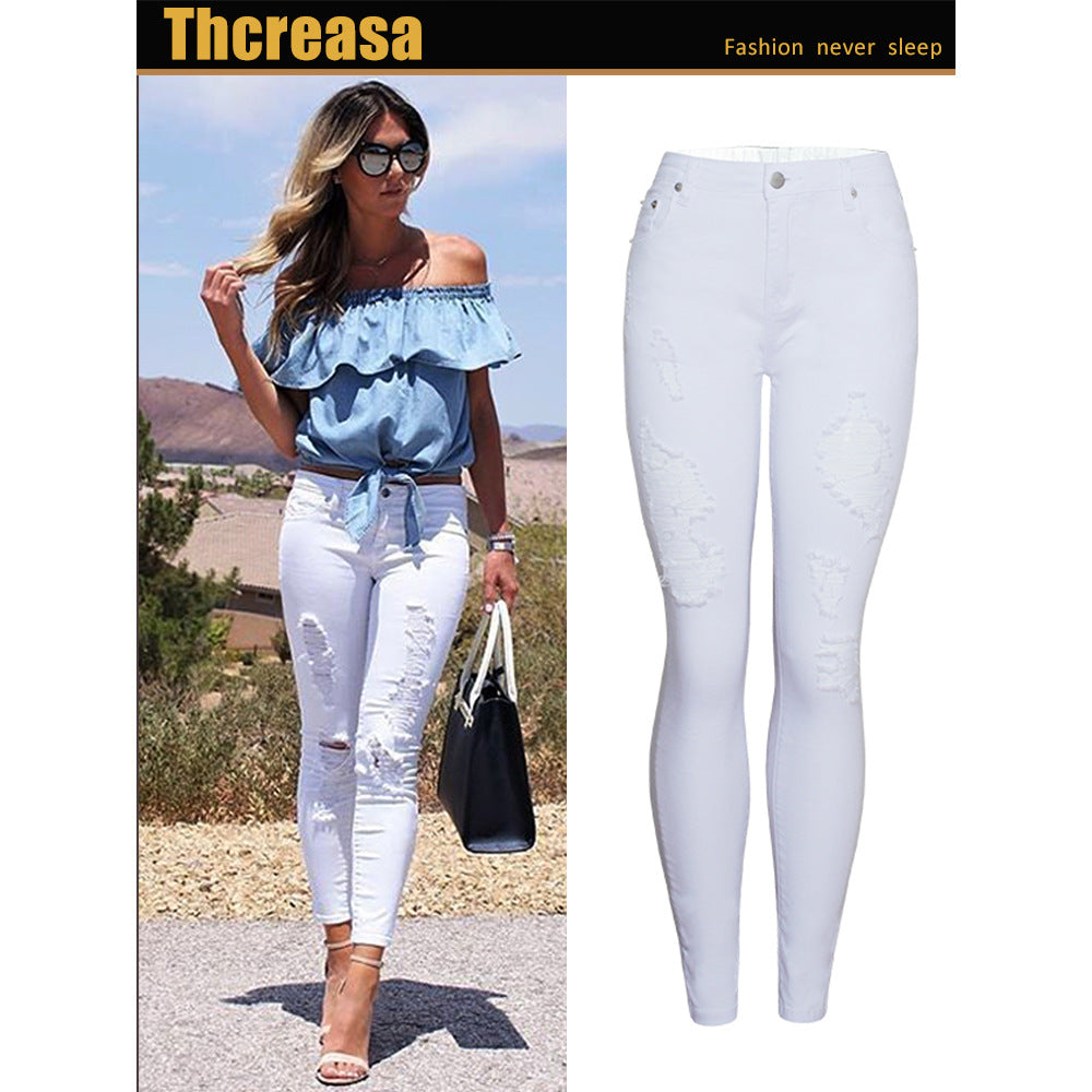 Trendy Slim-fit Ensfarvede Hvide Ripped Skinny Bukser til Kvinder