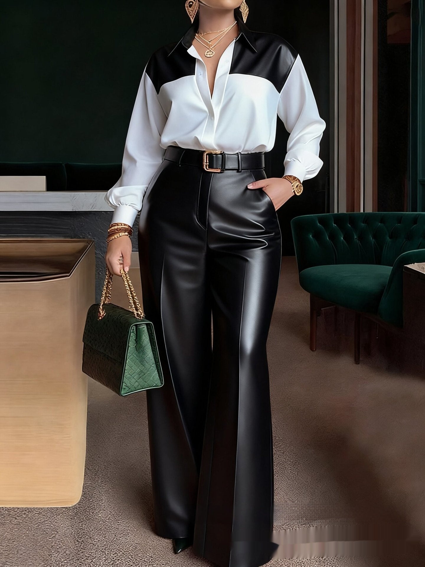 Women's Long-sleeve Shirt And Wide-leg Leather Pants Two-piece Set