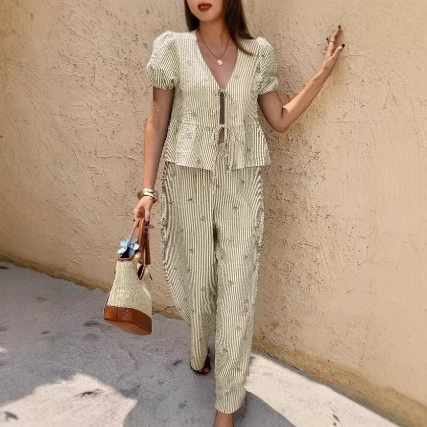 Womens Striped Front-Placket Puff-Sleeve Shirt And Pants Set