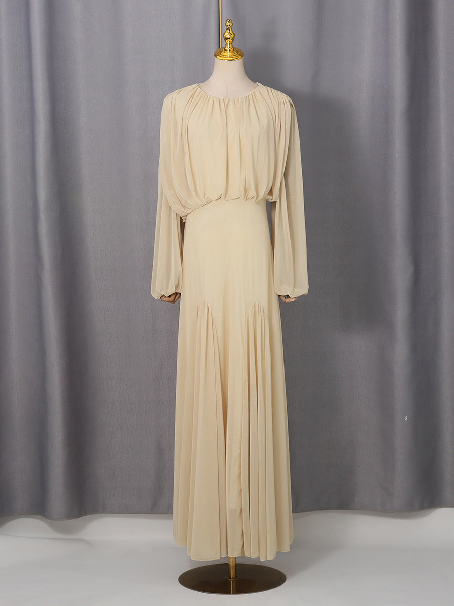 Pleated Patchwork Waist-cinching Long Dress