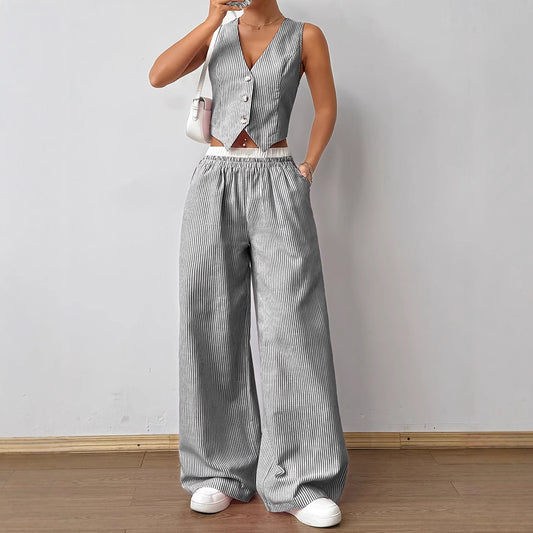 Striped Sleeveless V Neck Tank Top And Contrasting Waist Pants Two Piece Set