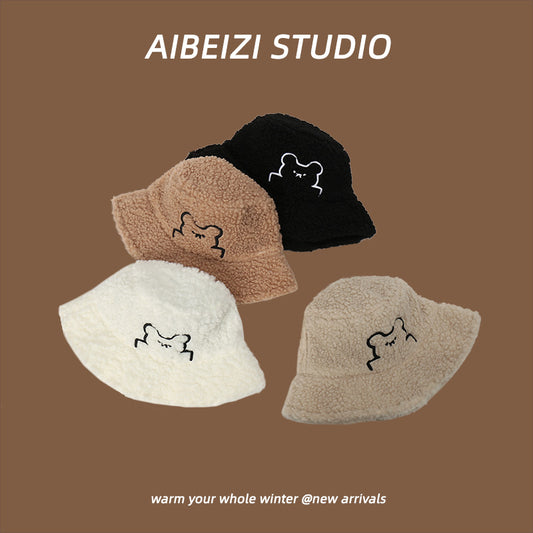 Winter Warm Broad-brimmed Hat Lambswool Bucket Hat Embroidery