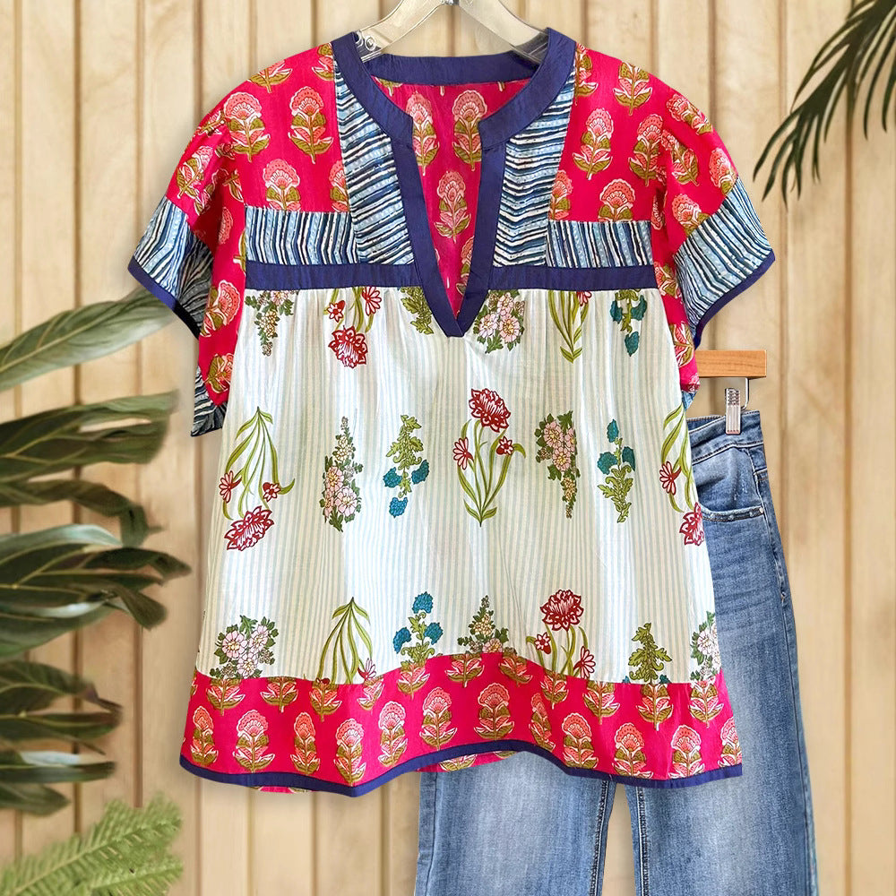 Summer New Women's Loose Casual Print Round Neck Shirt
