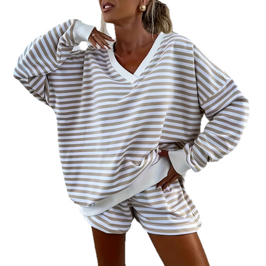 Women's Two-Piece Set Long-Sleeve V-Neck Loose Top And Athletic Shorts