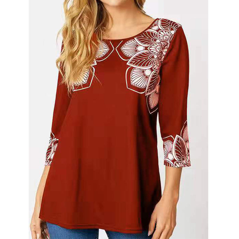 Women's Positioned Print Three Quarter Sleeve Loose Round Neck T Shirt