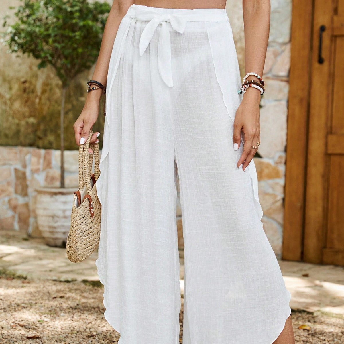 Beach Sun Protection Clothing Sexy Lace-up Wide Leg Pants