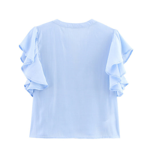 European And American Laminated Decoration Lapel Short Sleeve Casual Shirt