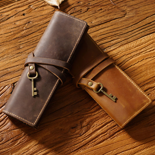 Vintage Cowhide Pen Bag Three Fold Pen Clip Rolling Shutter Stationery