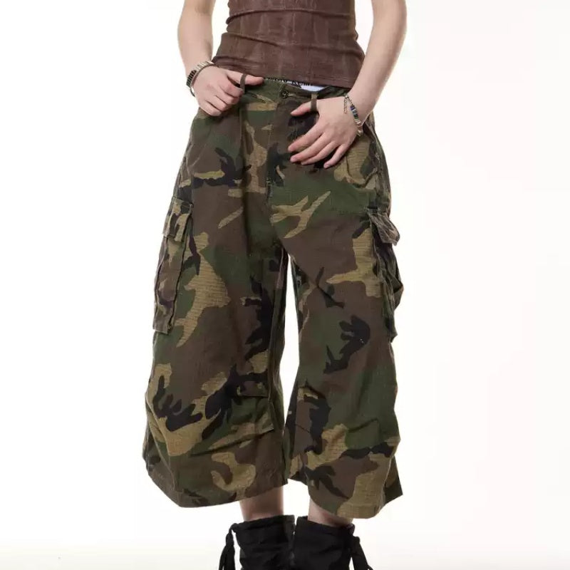 Retro Camouflage Workwear Shorts Loose Straight Wide Leg