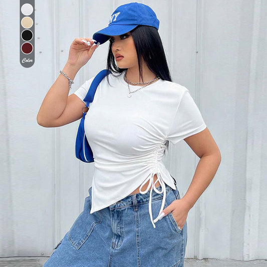 Simple Style Round Neck T-shirt Slim Fit Solid Color Top