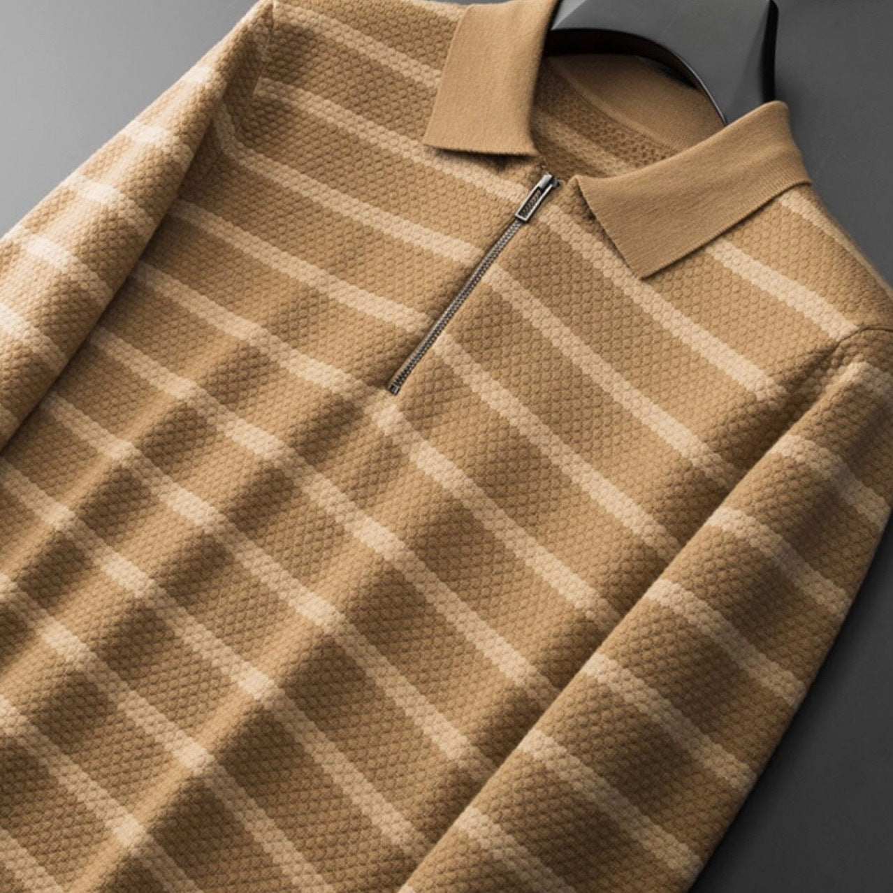 Efterår og Vinter Kollisionsfarve Stribet Polo Shirt Langærmet Herre Sweater