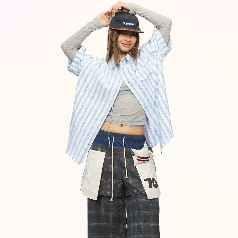 Blue Striped Short-sleeved Shirt Women's Loose Casual