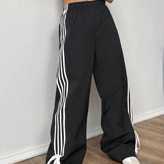 Womens High-Waisted Loose-Fit Wide-Leg Pants With Contrasting Striped Panels