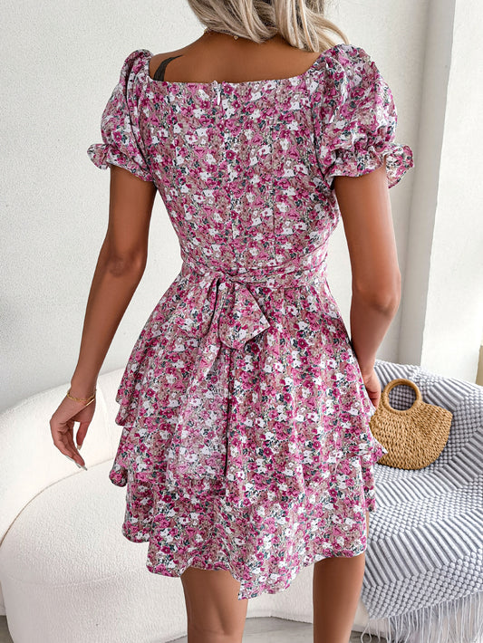 Women  Elegant Floral Print Tie Waist Flowy Dress