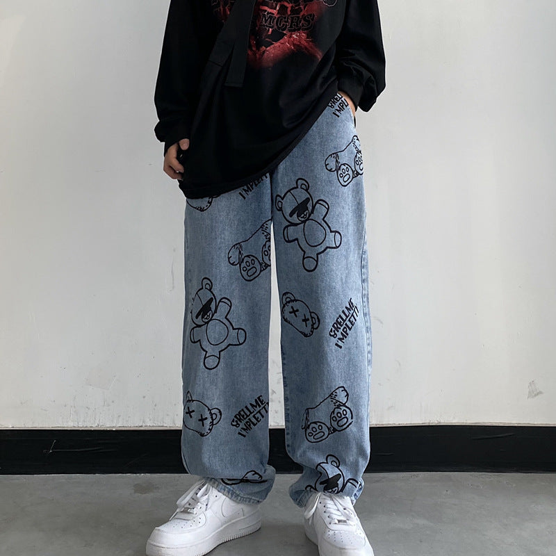 Retro Cartoon Print Casual Loose Wide-leg Straight-leg Pants