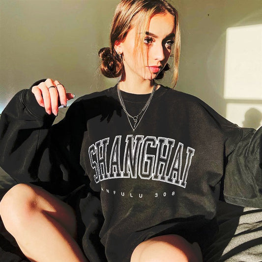 Amerikansk Retro Sort Bogstavtryk Sweatshirt
