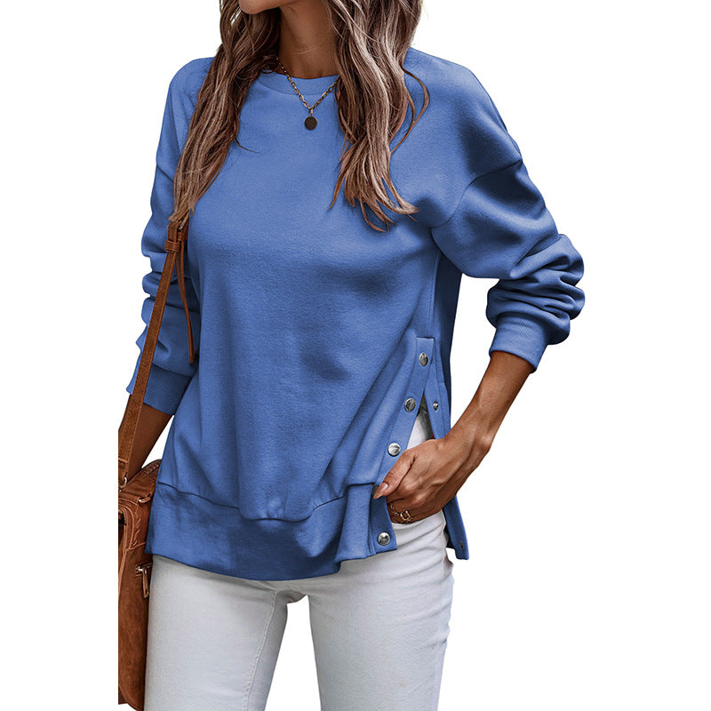 Solid Color Pullover Women's European And American Leisure Style Slit Loose Flab Hiding Long Sleeve Bathroom