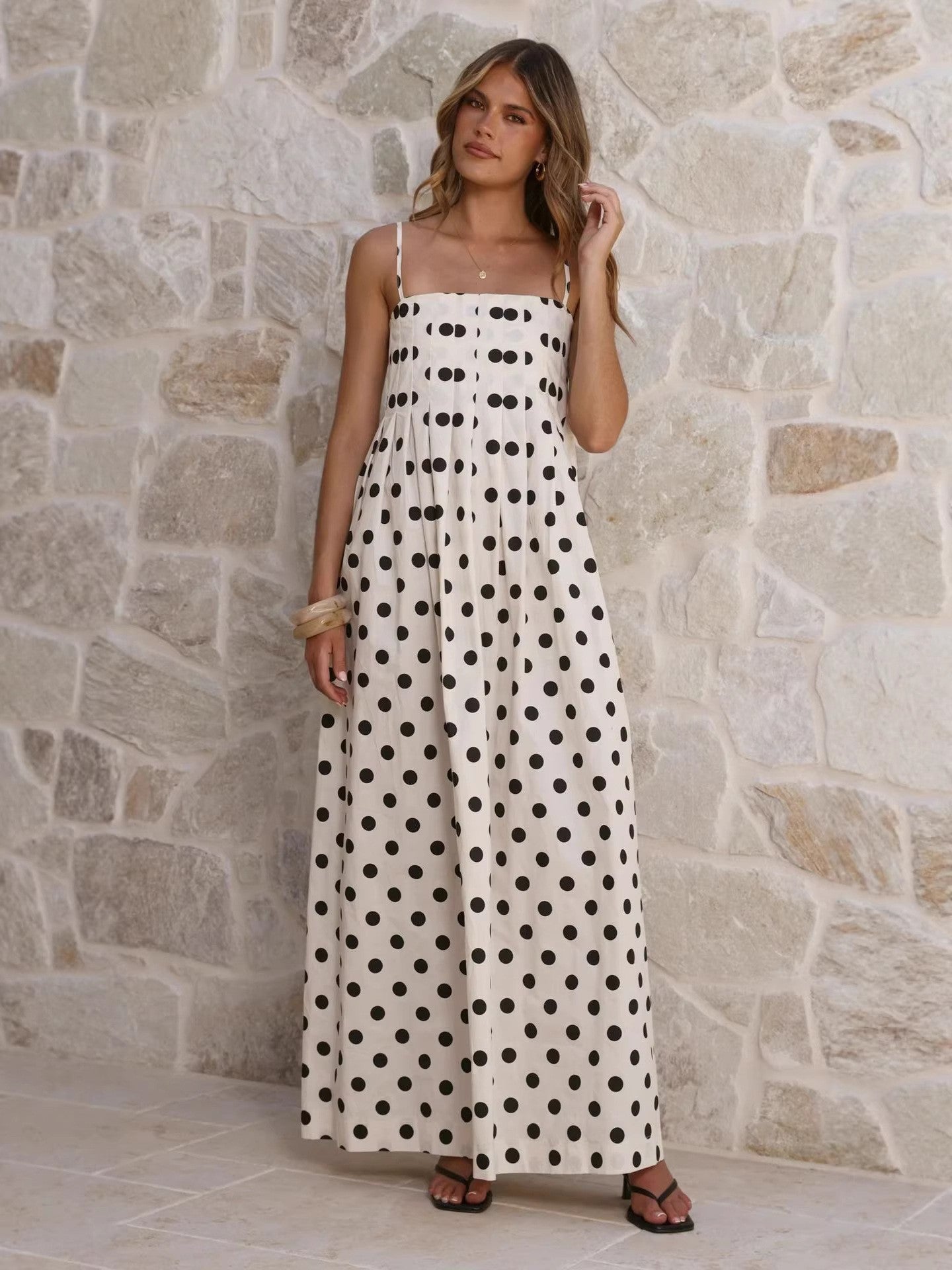Summer Polka Dot Printed Pleated Sweet Strap Mid Length Dress
