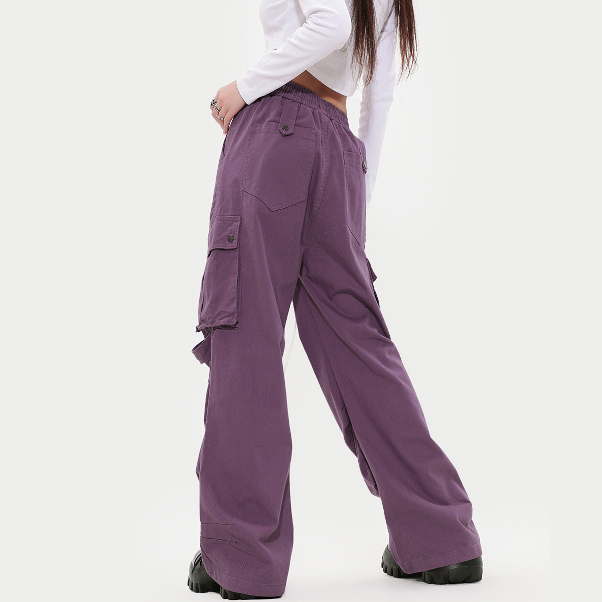 Pleated Elastic Waist Retro Wide Leg Workwear Pants