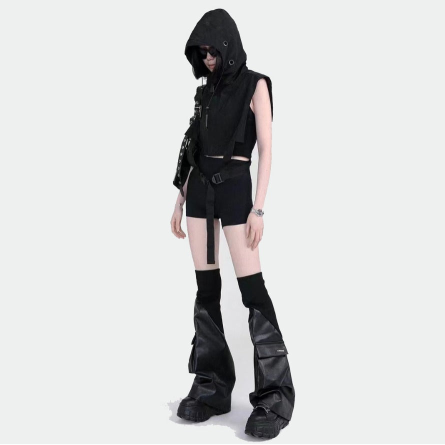 PU Fabric Stitching Leather Patchwork Pocket Trend Mechanical Style Leg Warmer