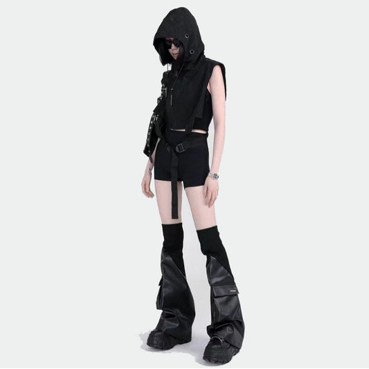 PU Fabric Stitching Leather Patchwork Pocket Trend Mechanical Style Leg Warmer