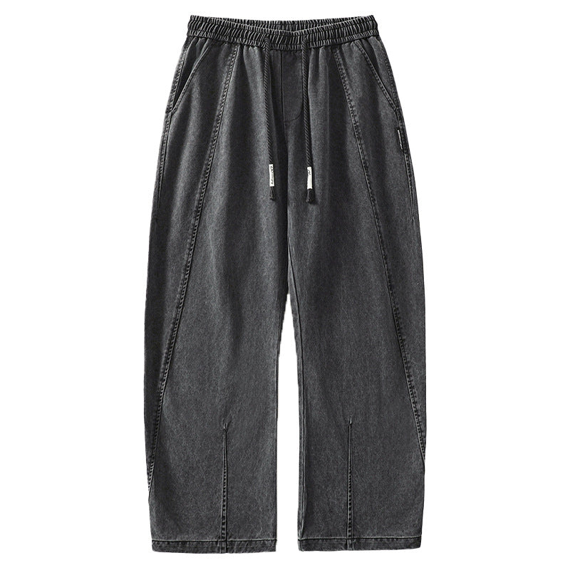 Retro Washed Distressed Drawstring Elastic Waist Jeans