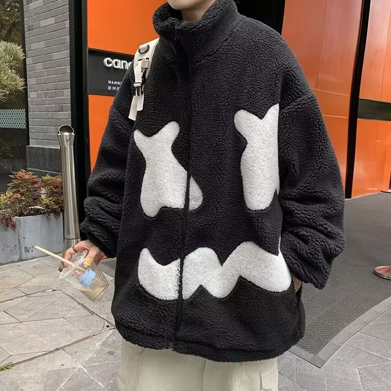 Stand Collar Winter Fleece-lined Thickening Embroidery Loose All-match Lamb Wool Coat For Men