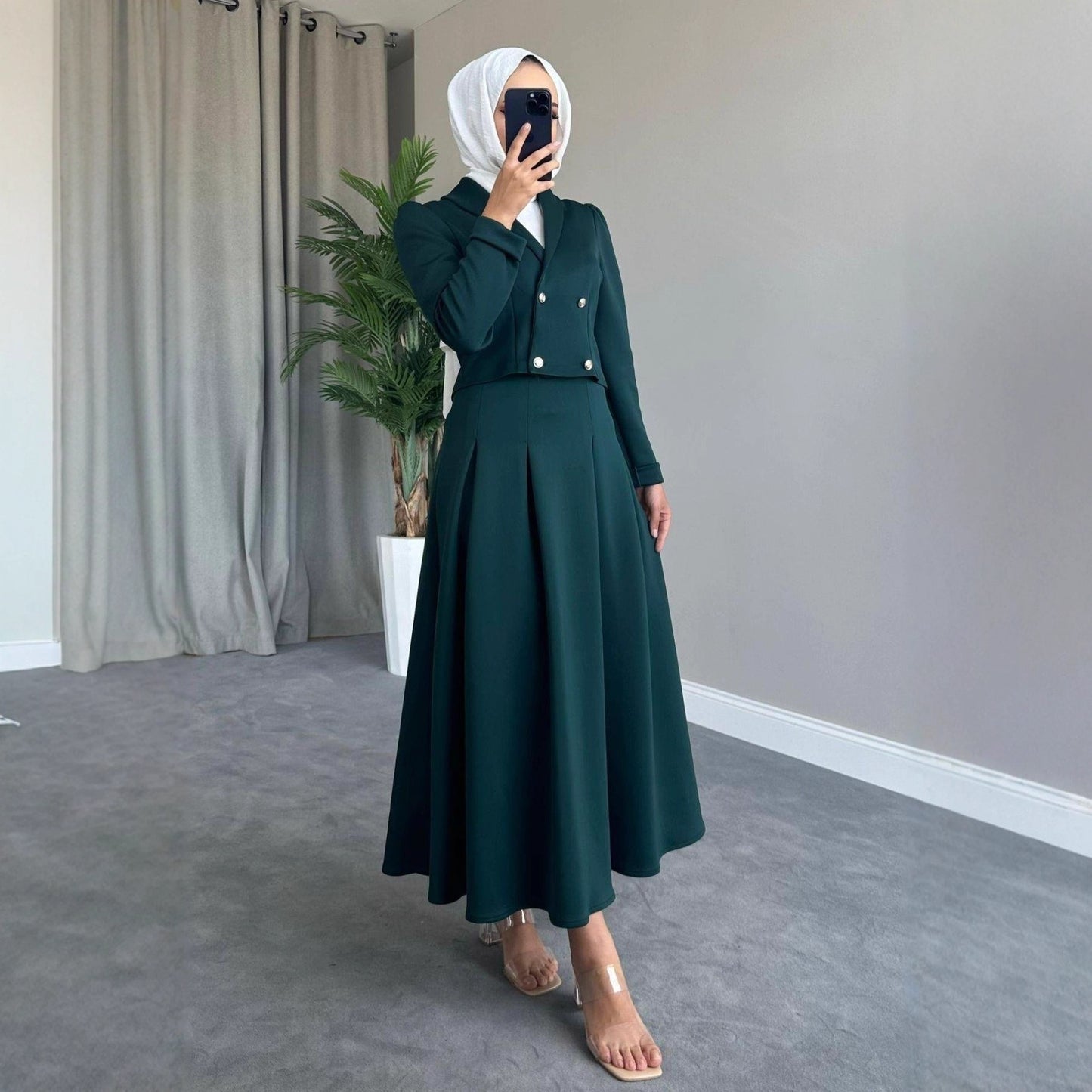 Buttoned Wool Coat And Preppy A-Line Maxi Dress Set