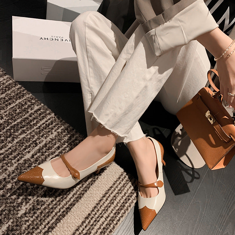 British Retro Color Blocking Full Leather Fine High Heel Mary Jane Shoes