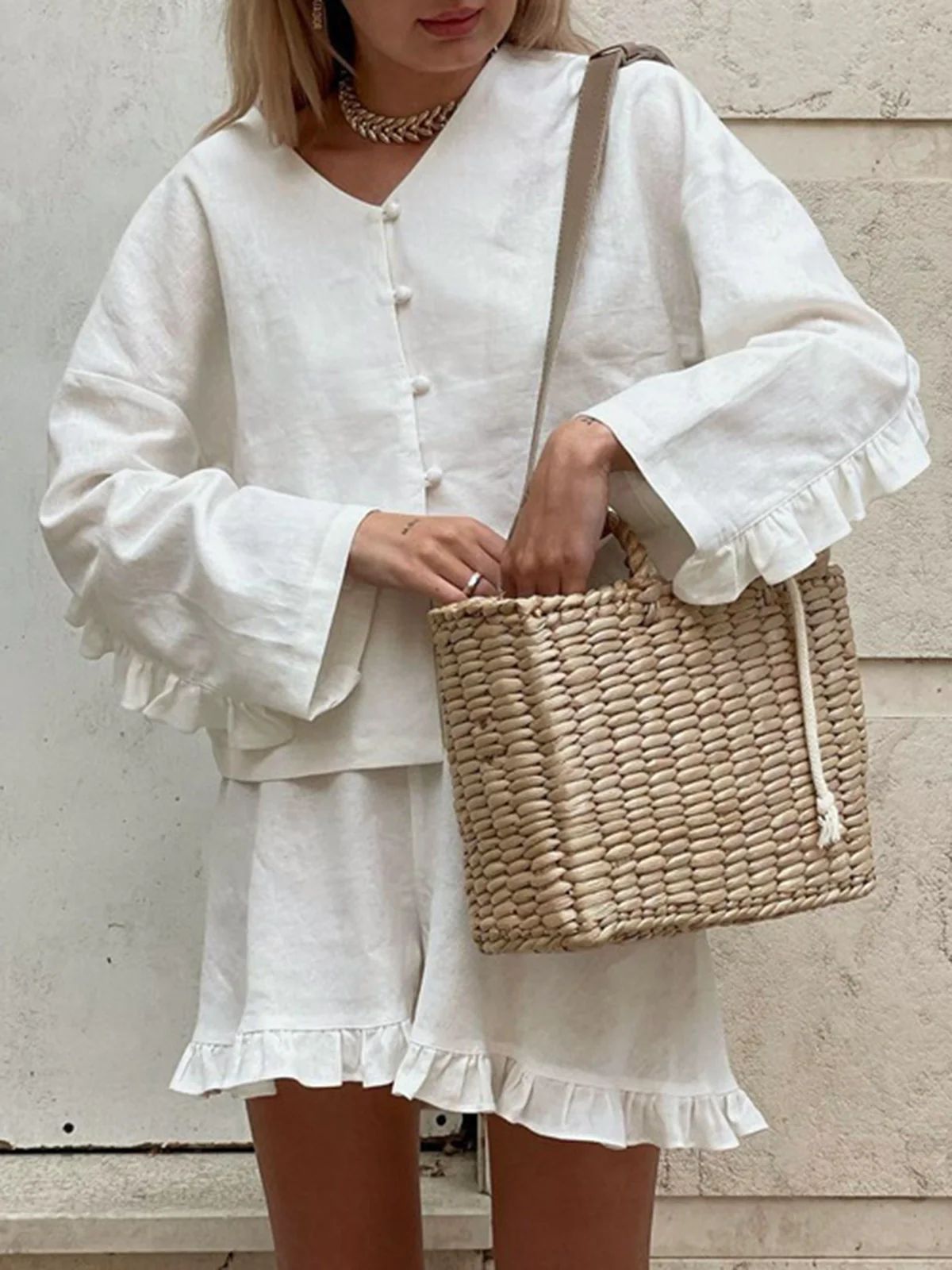 Fashionable Ruffle-Trim Shorts Casual Set