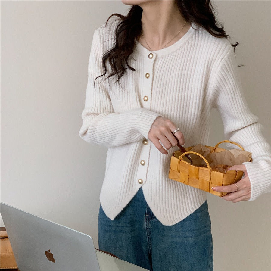 Irregular Crew Neck Knitted Cardigan Slim-fit Sweater Coat