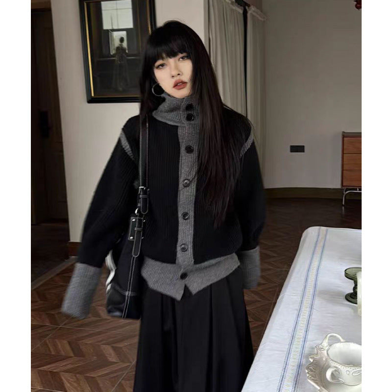 Design Sense Niche Contrast Color Thick Knit Cardigan Coat