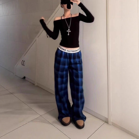 Womens Fashionable Retro Plaid Wide-Leg Pants